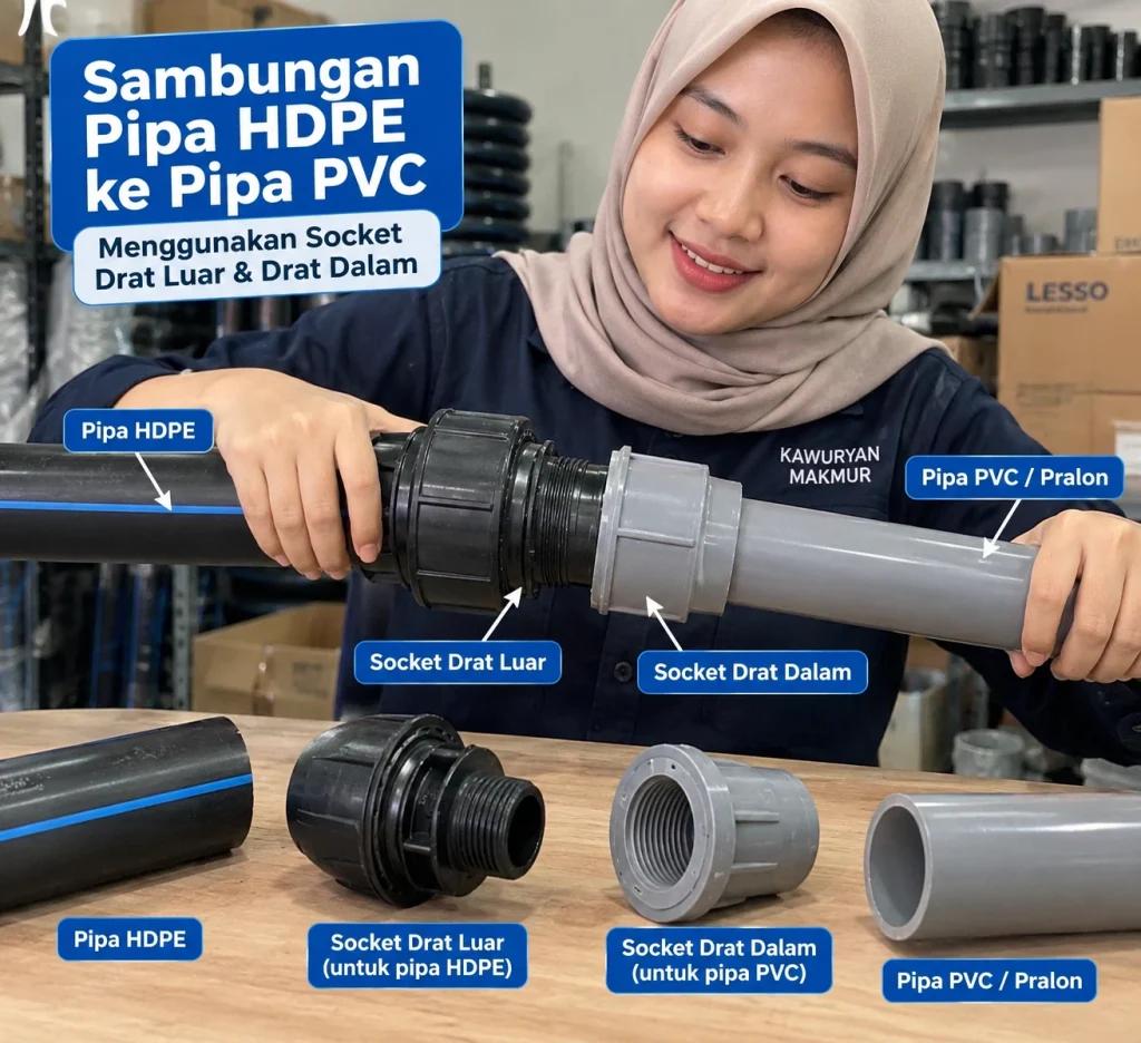 menyambung pipa hdpe dengan pipa pvc mengunakan socket drat